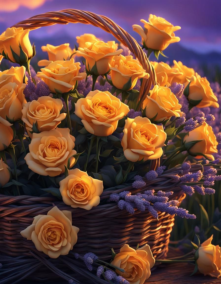 close-up of a straw basketfull of yellow roses, sunset over ...