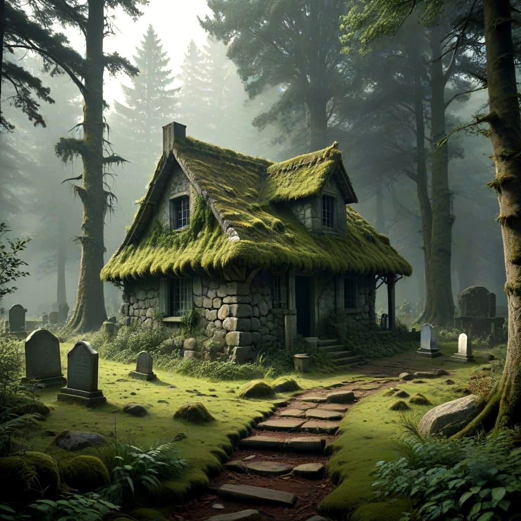 "Gravedigger's Abandon Home"

A weathered, dilapidated stone cottage, nestled within a dense, verdant forest setting. The main structure features a gabled roof covered wi...