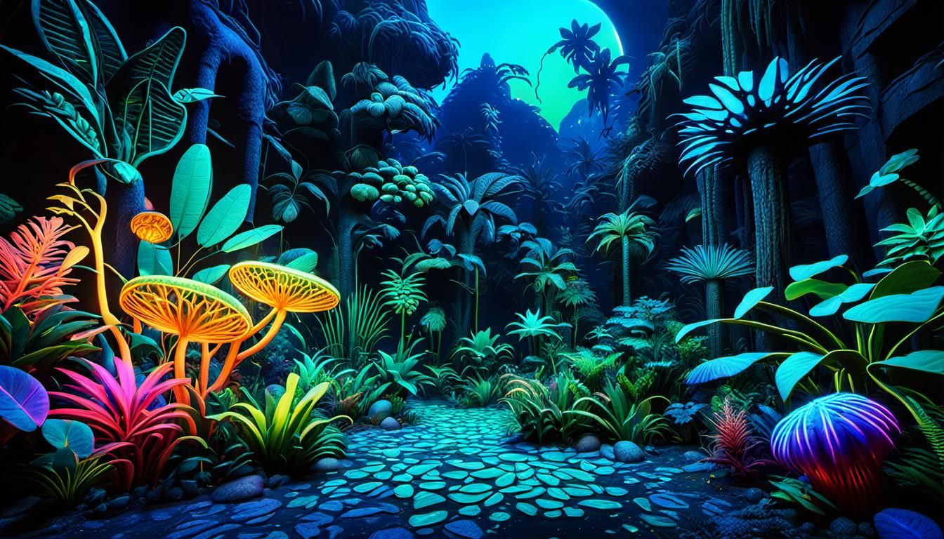 lush jungle,plants and faune by Ernst Haeckel neon glow Unre...