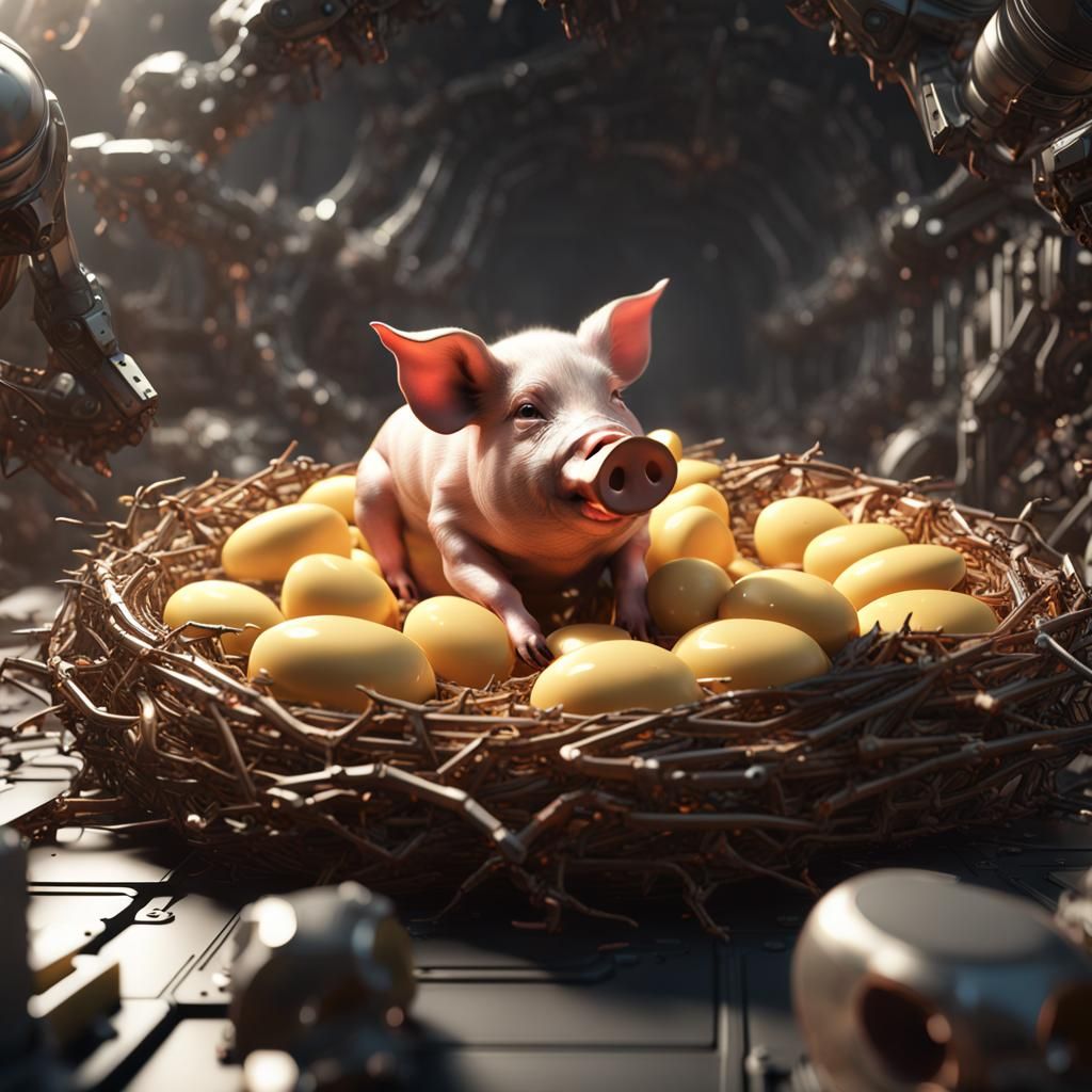 pig eating cheese in a nest with its babies