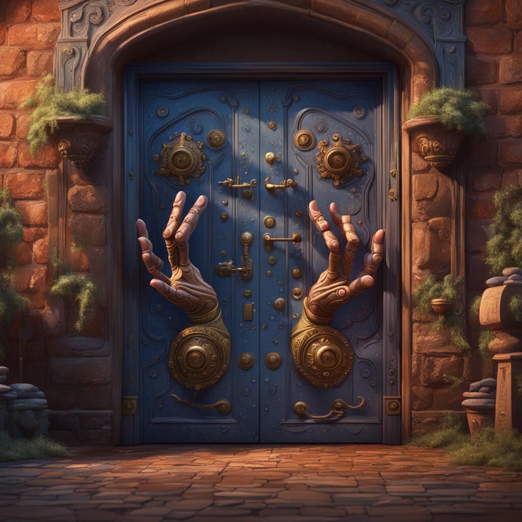 A personification of a door with hands that open another doo...