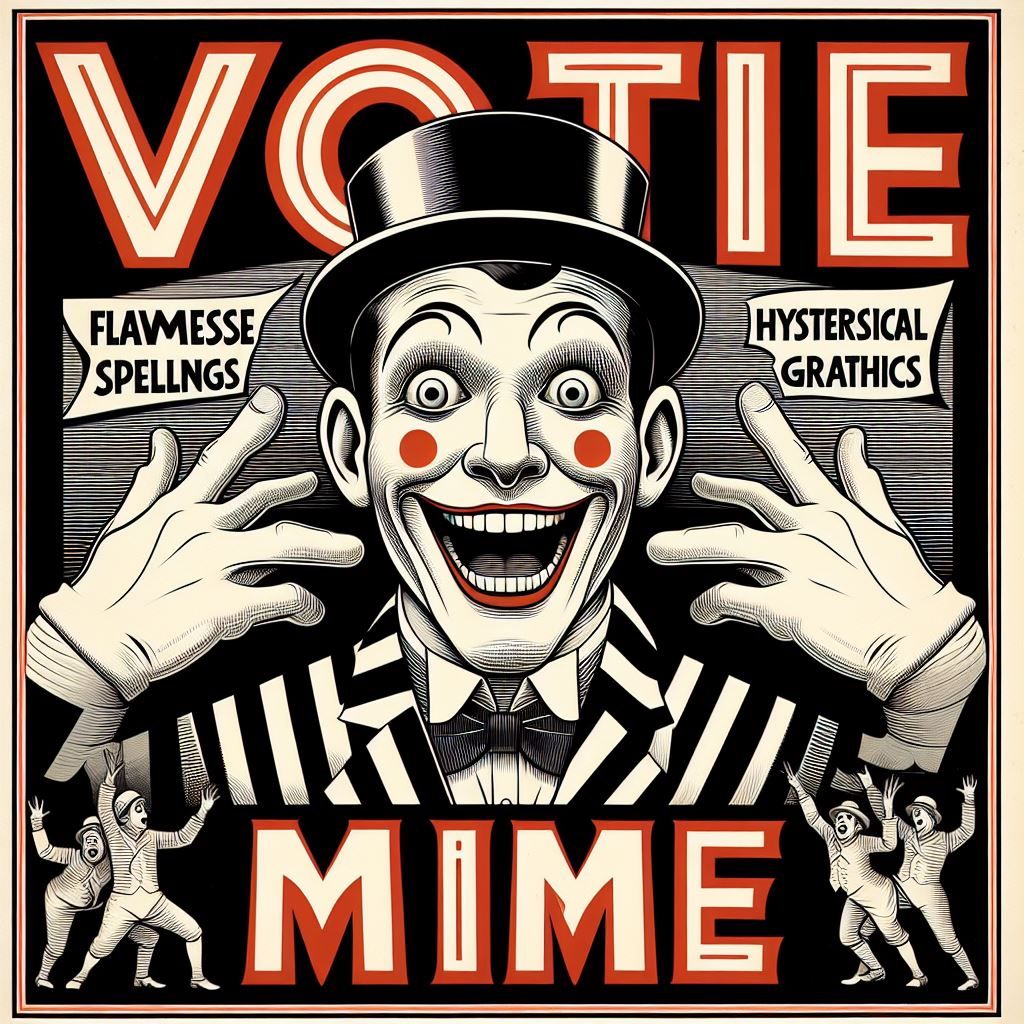 Vote Mime, flawless spelling, hysterical graphics 😆😂😂😂