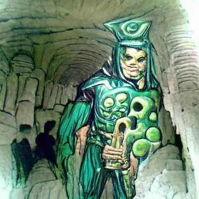 Green necromancer in catacombs, style of jack kirby