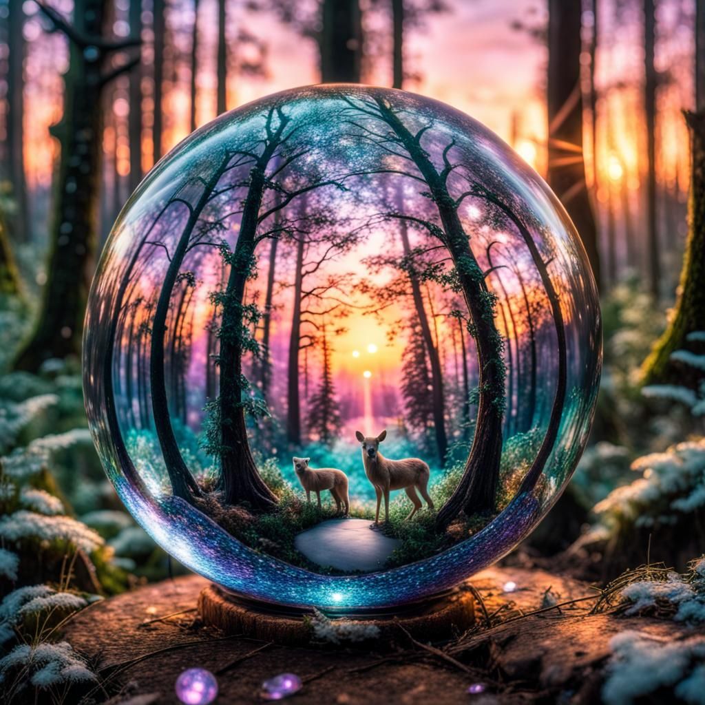 glass orb with glitter glam enchanted forest witj animals inside, colorful sunset in background, detailed ...  by @jnatas