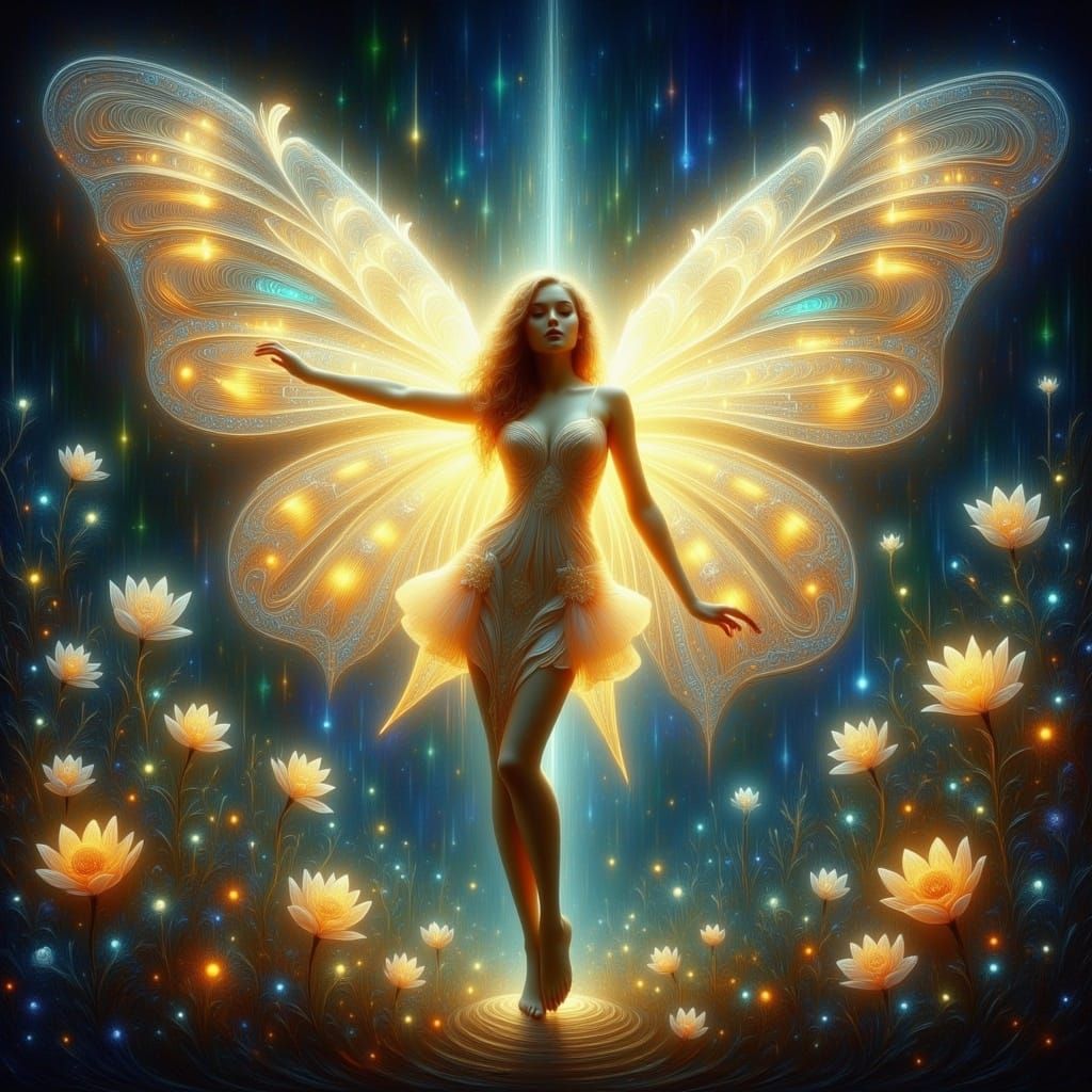  <lora:Luminist Flux:1.0> ethereal fairy with intricate luminous wings extended, floral backdrop, luminist style 
