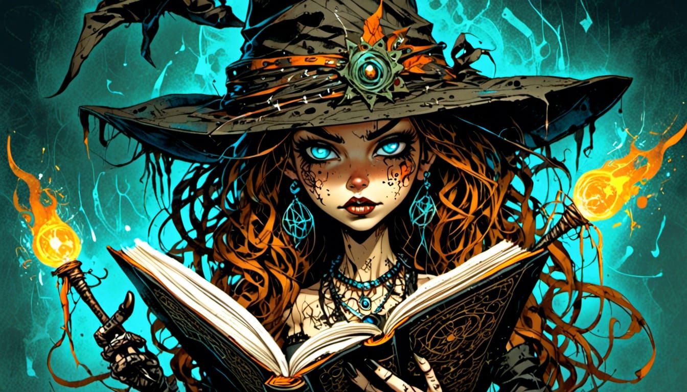 Punk Witch Portrait with Spellbook, Whimsical Art