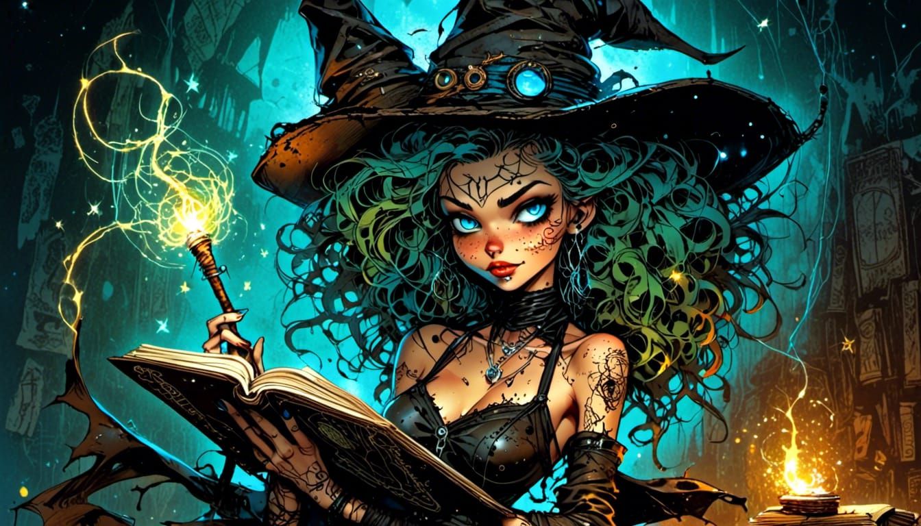 Punk Witch with Spellbook: Fantasy Illustration