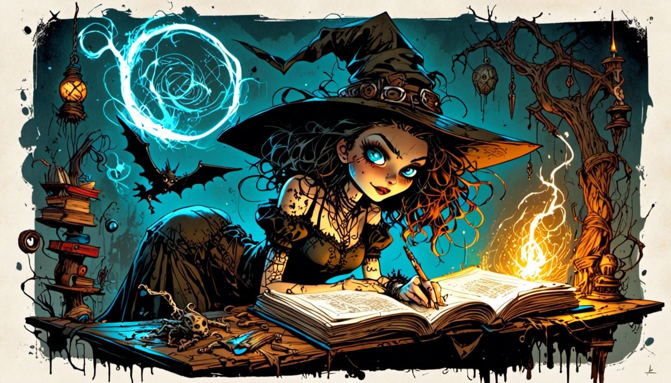 Punk Witch with Spellbook: Whimsical Fantasy Art