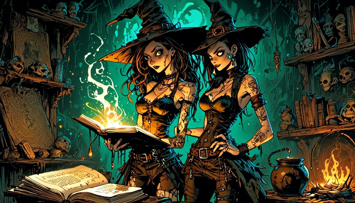 Punk Witch Illustration with Leather Spellbook in Watercolor...