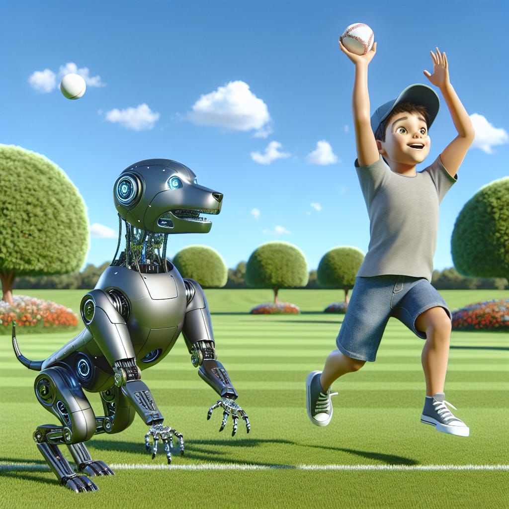 Robot dog playing catch with a boy