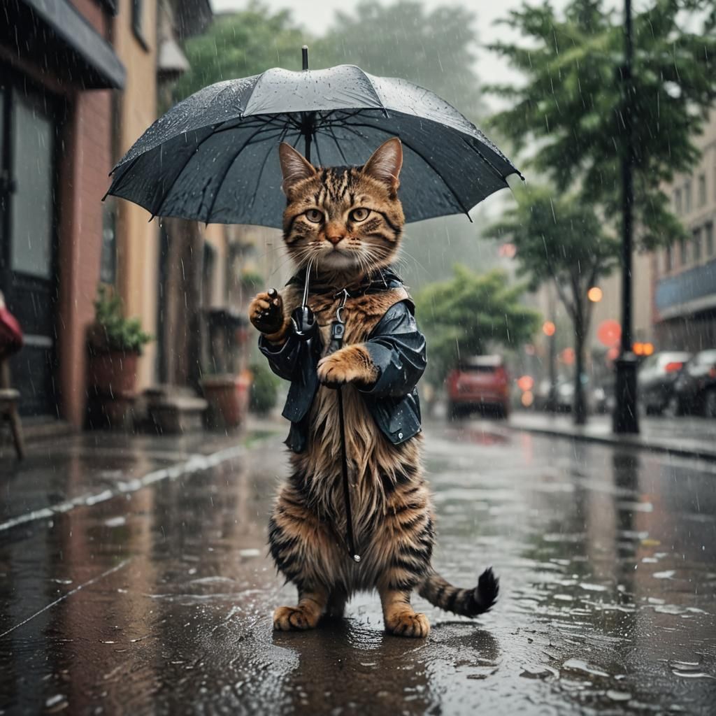 cute cat in the rain holding an umbrella in his paw