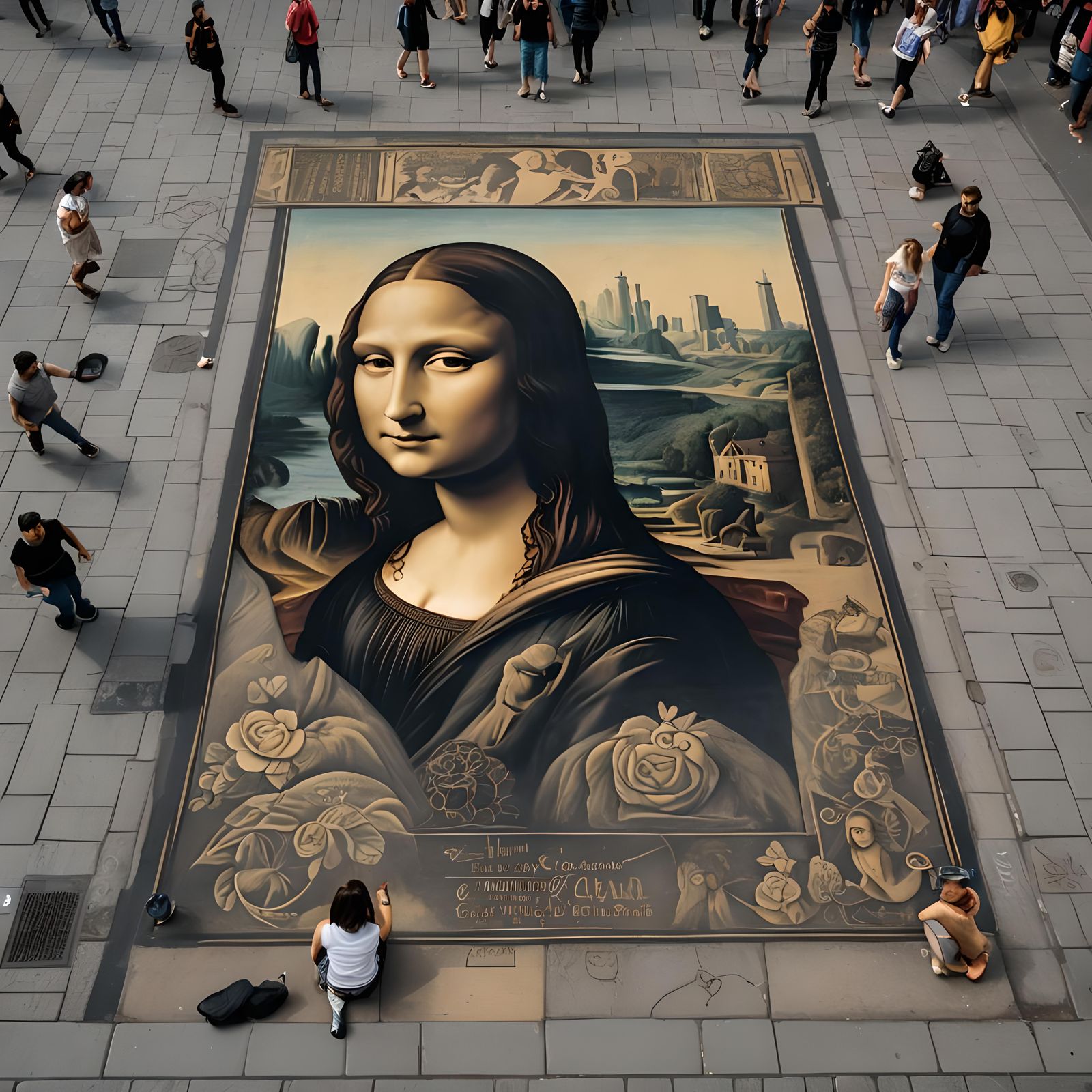 A city with a pedestrian zone where a 2D flat chalk drawing of the Mona Lisa is on the ground. The drawing ...  by @Artificial Intelligence Artist