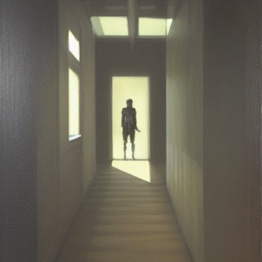 black figure, one big eyeball, running, hallway
