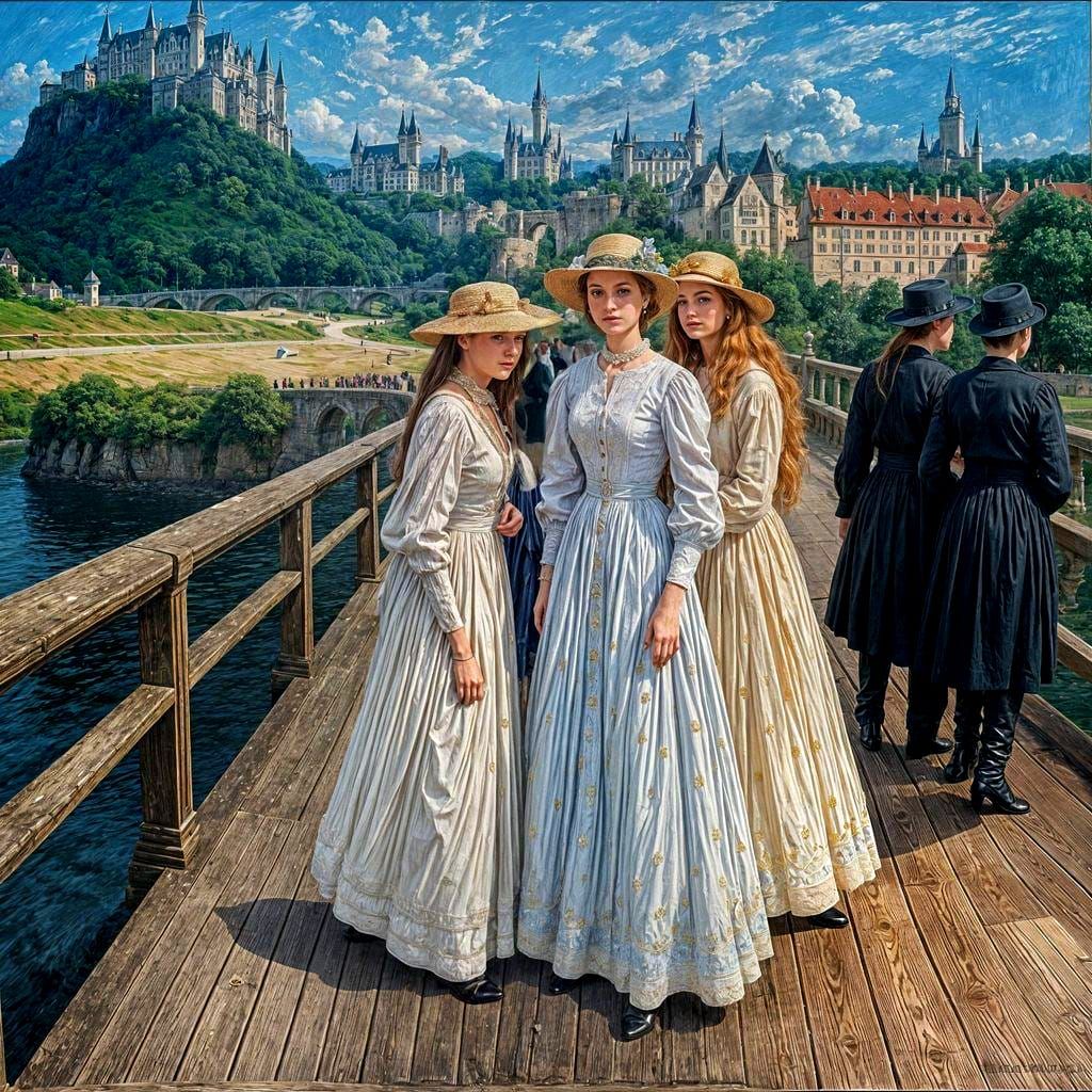 Painting of women on a bridge in front of a castle