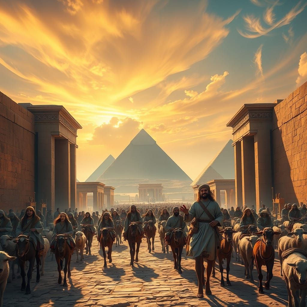 Israelites Emerge from Ancient Egyptian Gates in Vibrant, ci...
