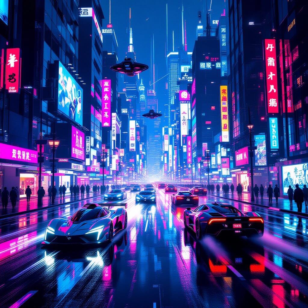 High-Octane Neon Cityscape with Futuristic Vehicles