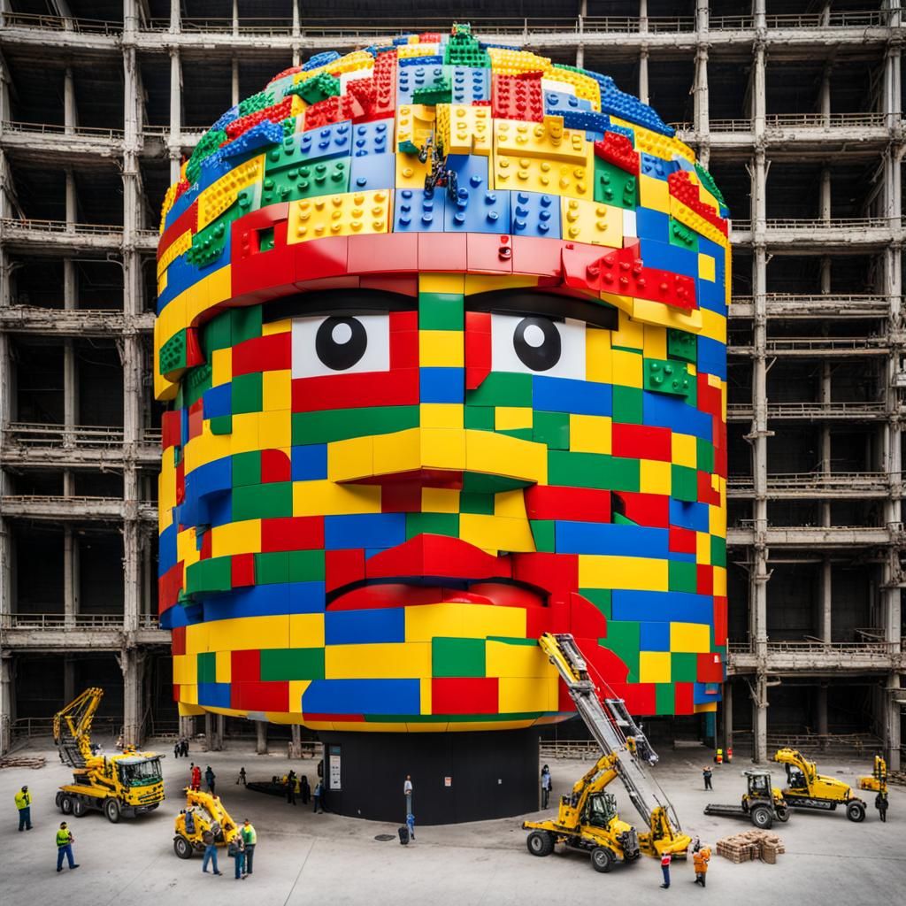 A giant head made from giant lego pieces
