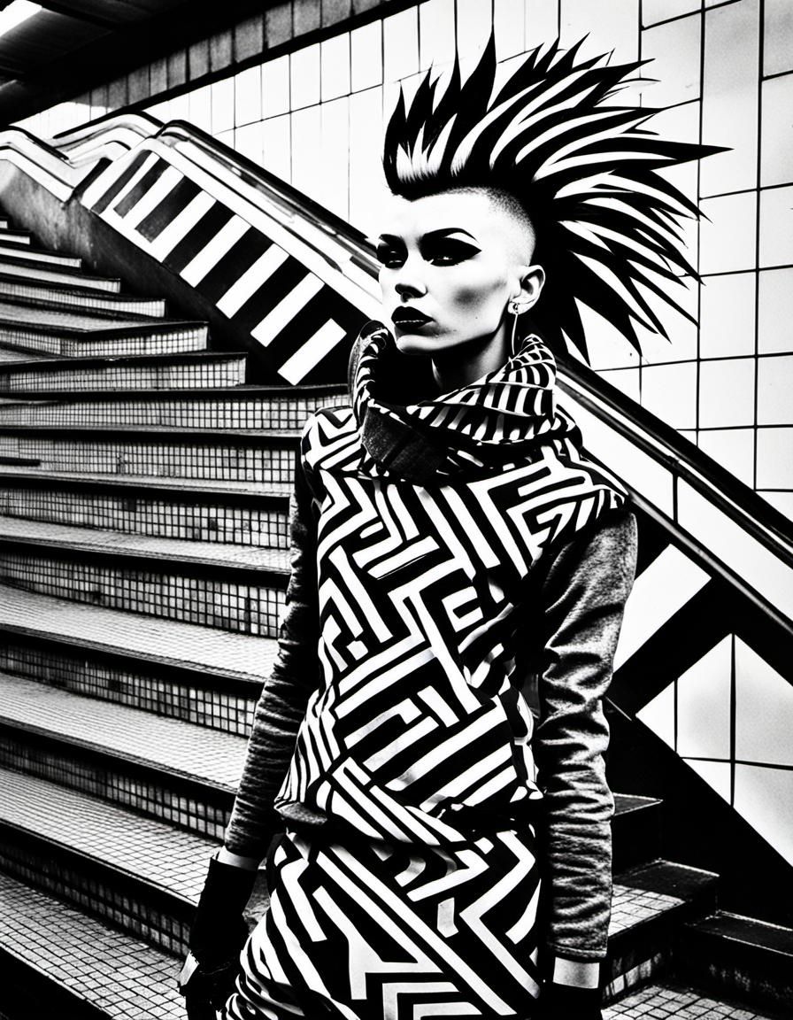 Black and white photo, high contrast, Op art, punk woman with mohawk hair posing fashion show , Moscow subway station stairs, 