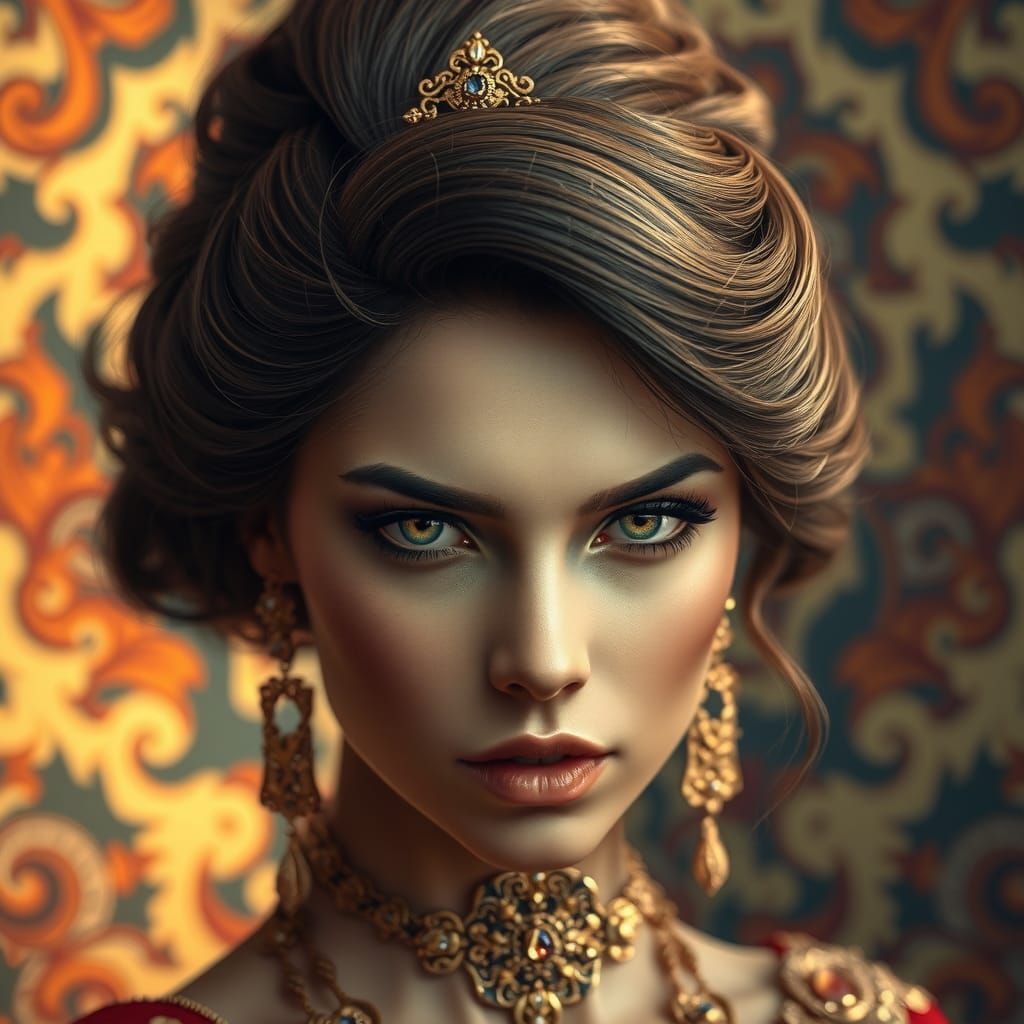 Beautiful woman with hair set up with gold jewelry Hyperrealistic, splash art, concept art, mid shot, intricately detailed, color depth, dra...