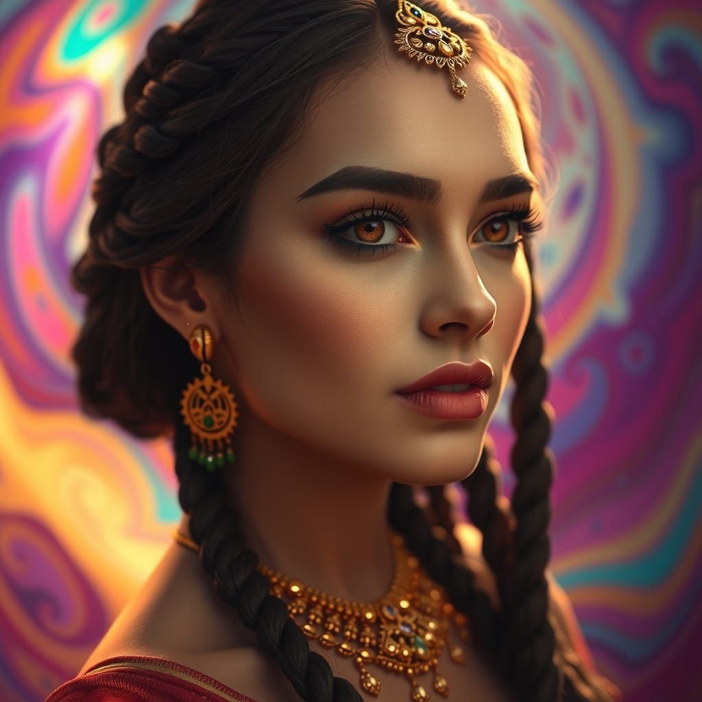 Beautiful woman with hair set up with gold jewelry Hyperrealistic, splash art, concept art, mid shot, intricately detailed, color depth, dra...