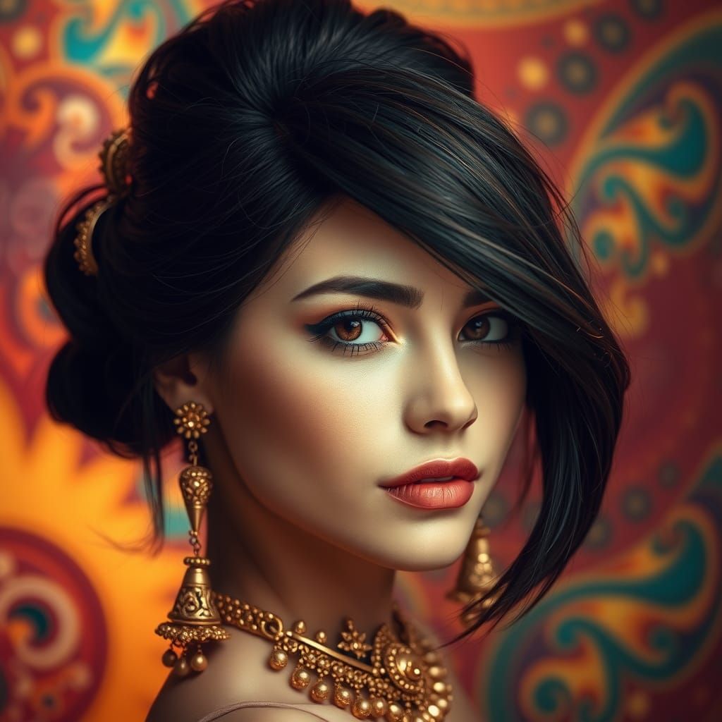 Beautiful woman with hair set up with gold jewelry Hyperrealistic, splash art, concept art, mid shot, intricately detailed, color depth, dra...