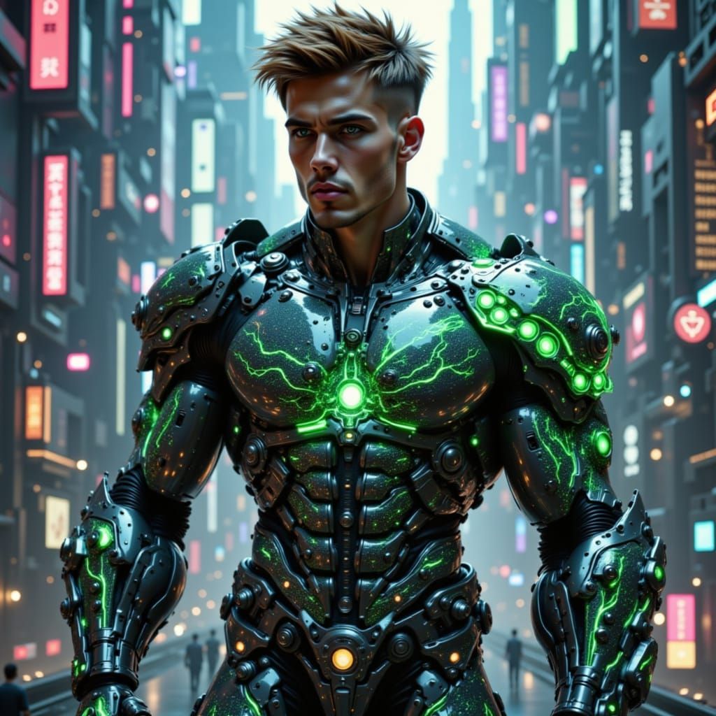 Handsome beautiful male brown hair bodybuilder , muscle fractals helix intricate celestial design black neon green armor mecha arms futurist...