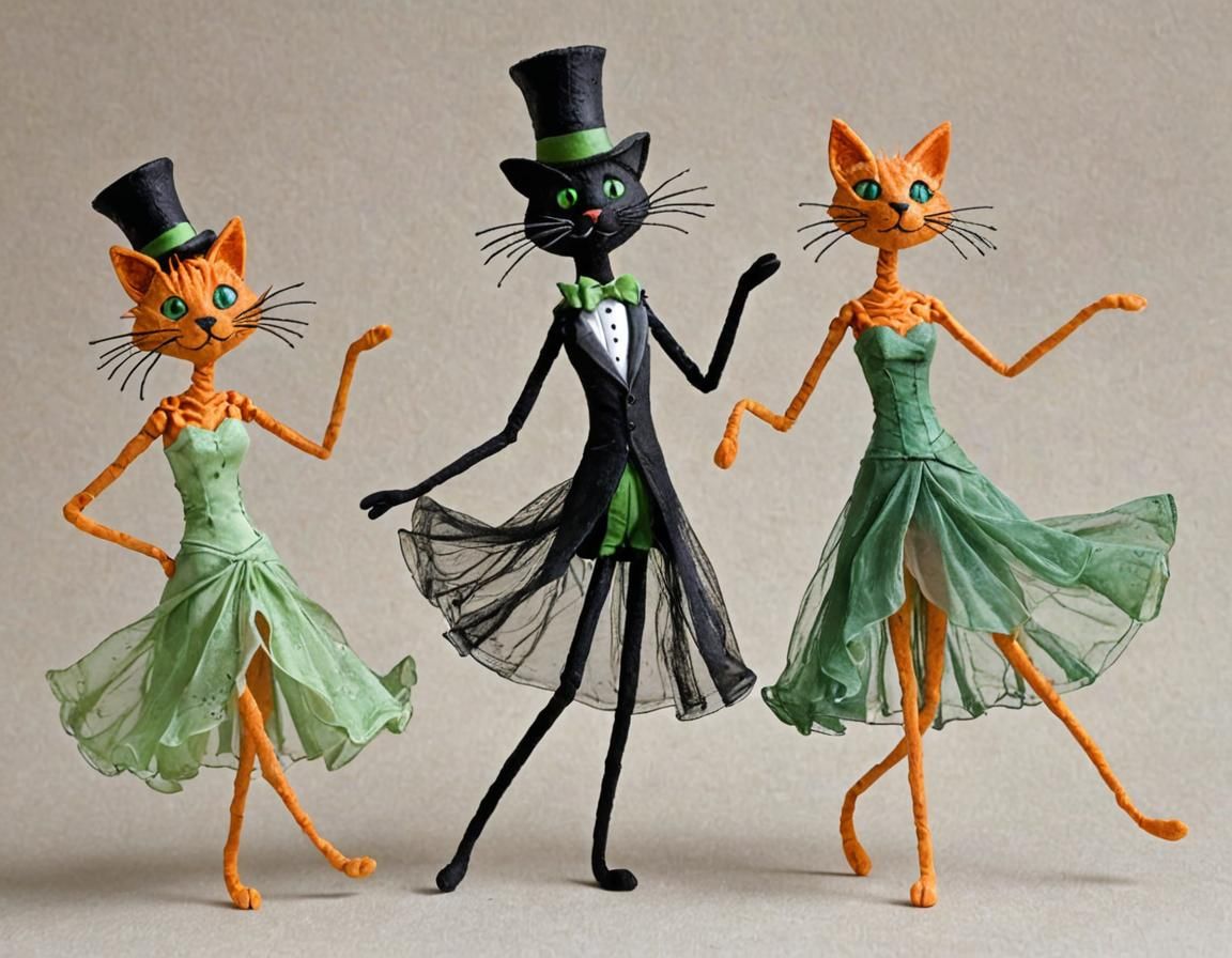 Three whimsical graceful tall thin dancing cats. Cat 1 female (orange