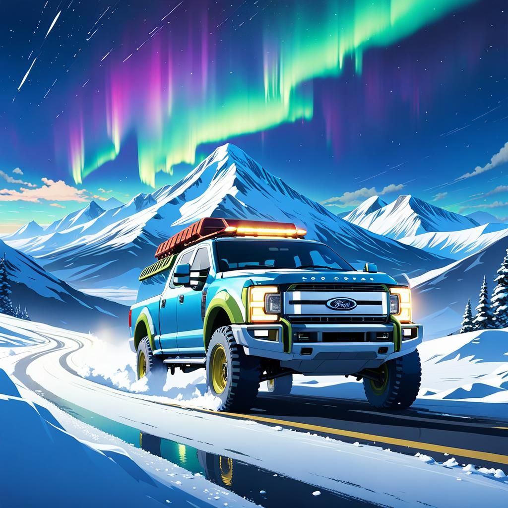 Artic expedition Ford F-250 rallying on snowy mountain road,...