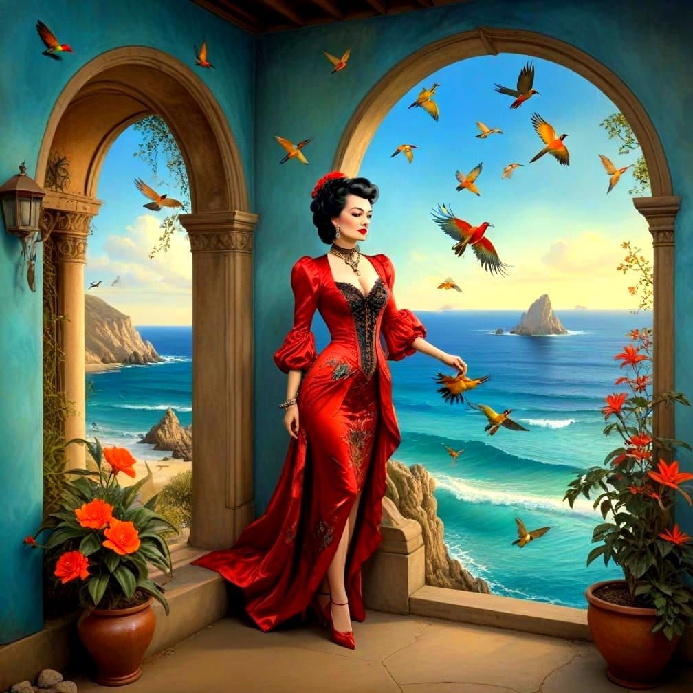 Surreal Gothic Lady with Exotic Birds Portrait