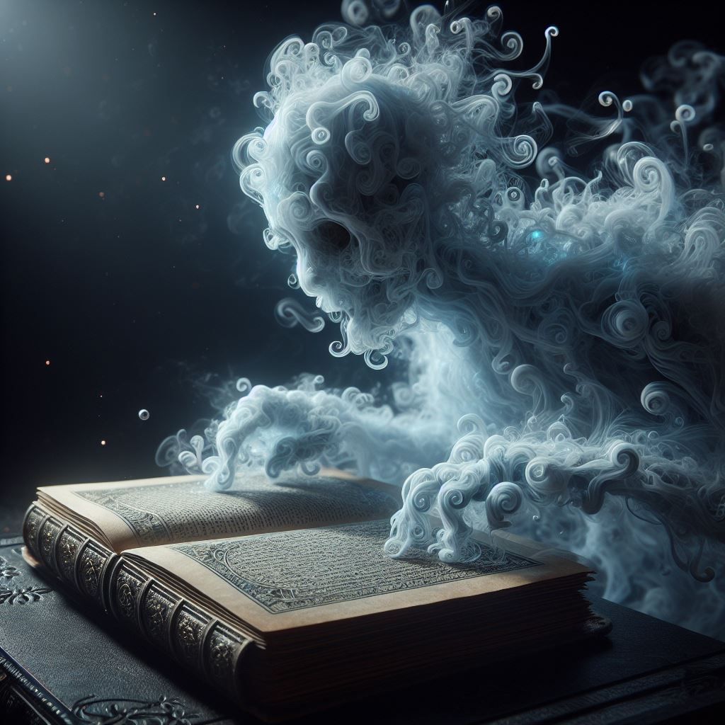 Ghostly apparition poring over an ancient grimoire