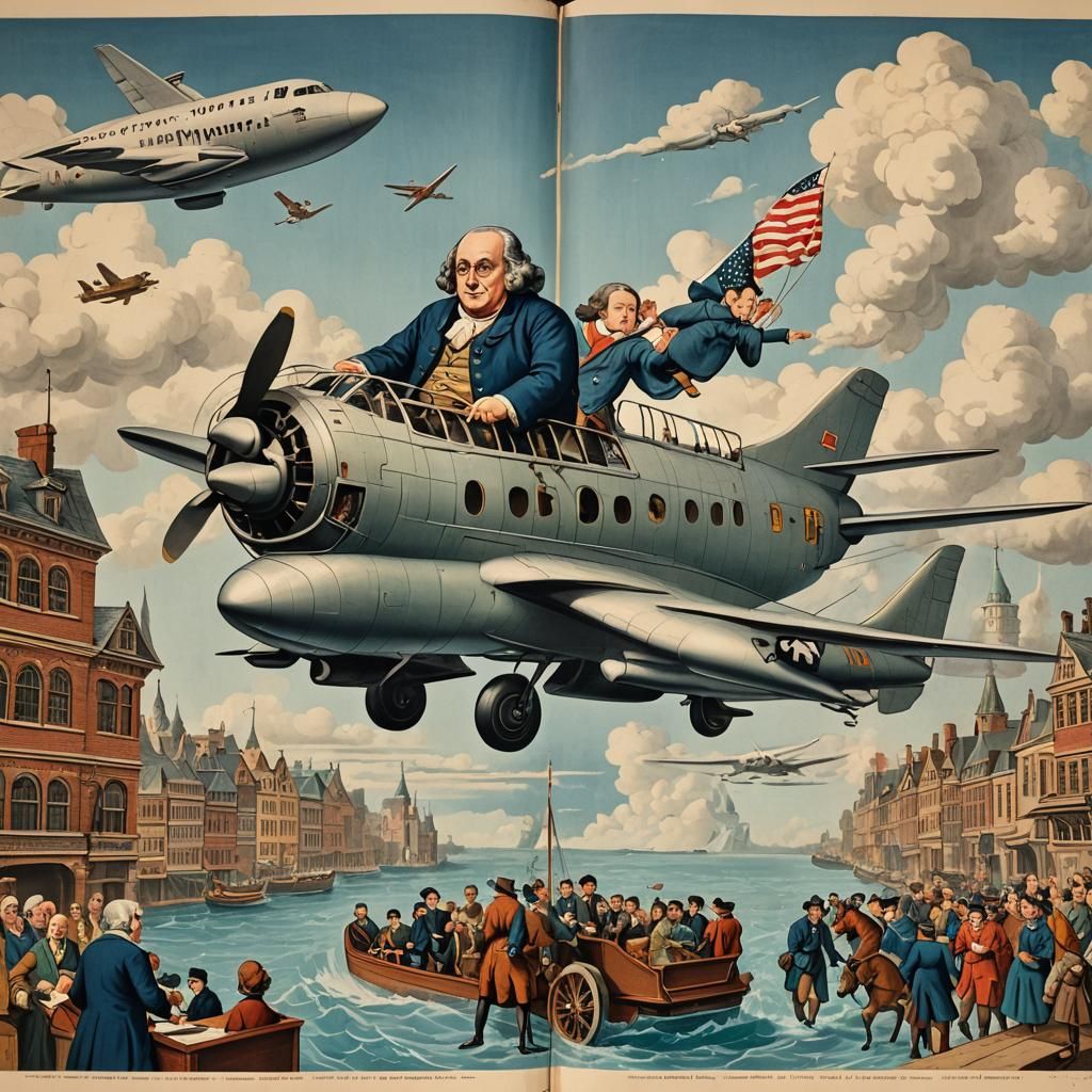 A large pop up book shows  Benjamin Franklin riding in a pas...