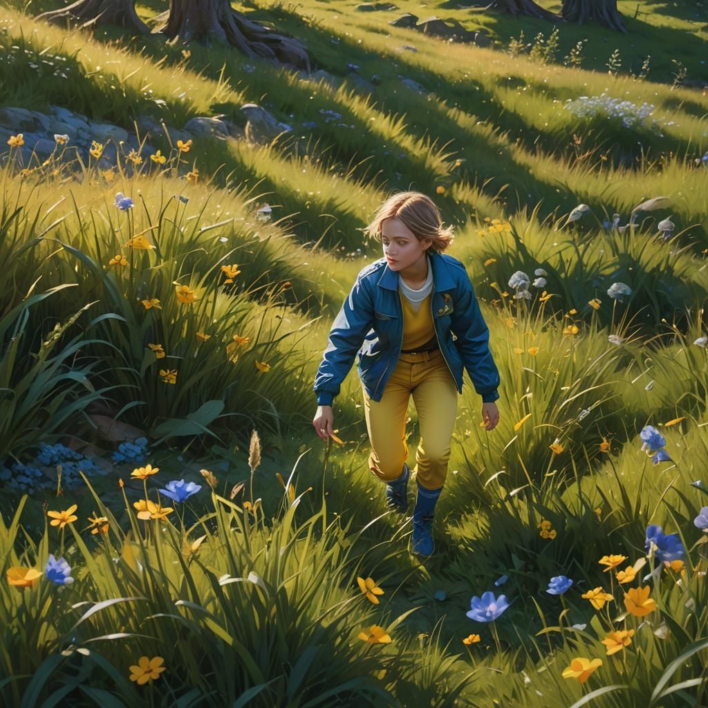 Adventurous Chick Exploring Grassy Meadow as Vibrant Oil Pai...