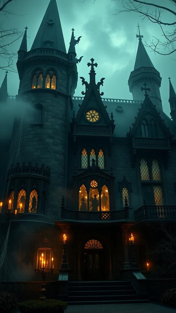 creepy, old mansion with eerie lighting, cobwebs, and “shadowy figures lurking in the windows”., adorned with bright enameled details. Beaut...