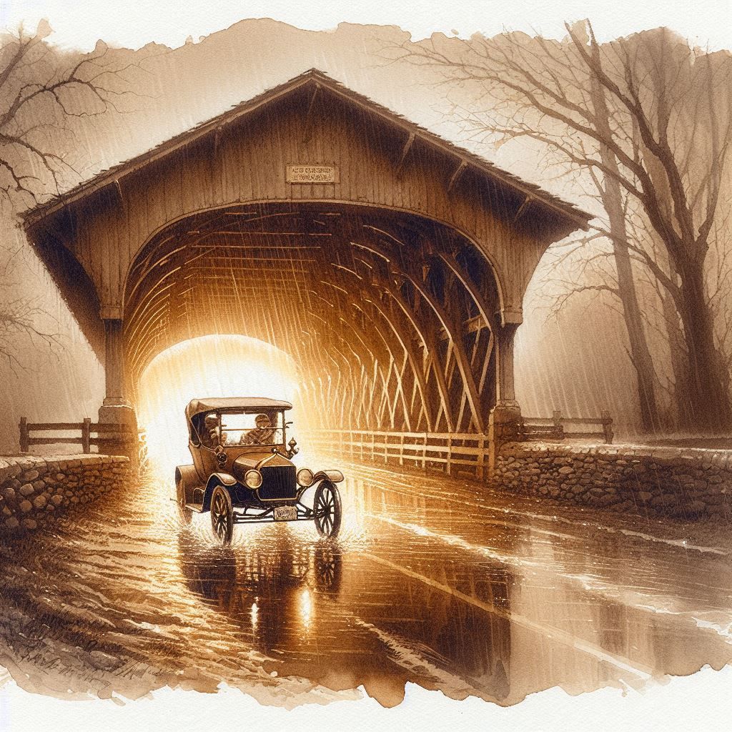 Model-T Exiting a Covered Bridge