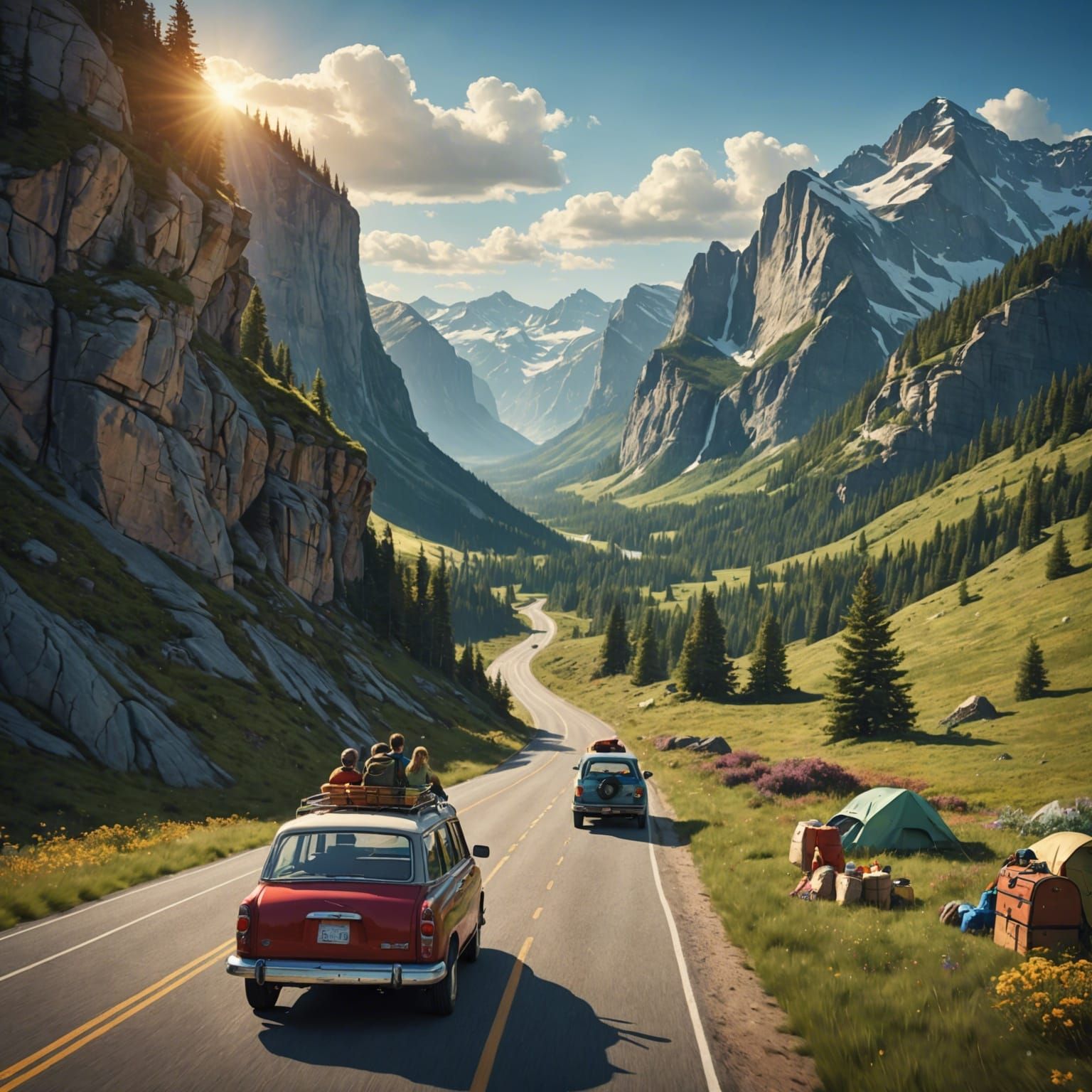 Design a road trip scene with a father and child driving dow...