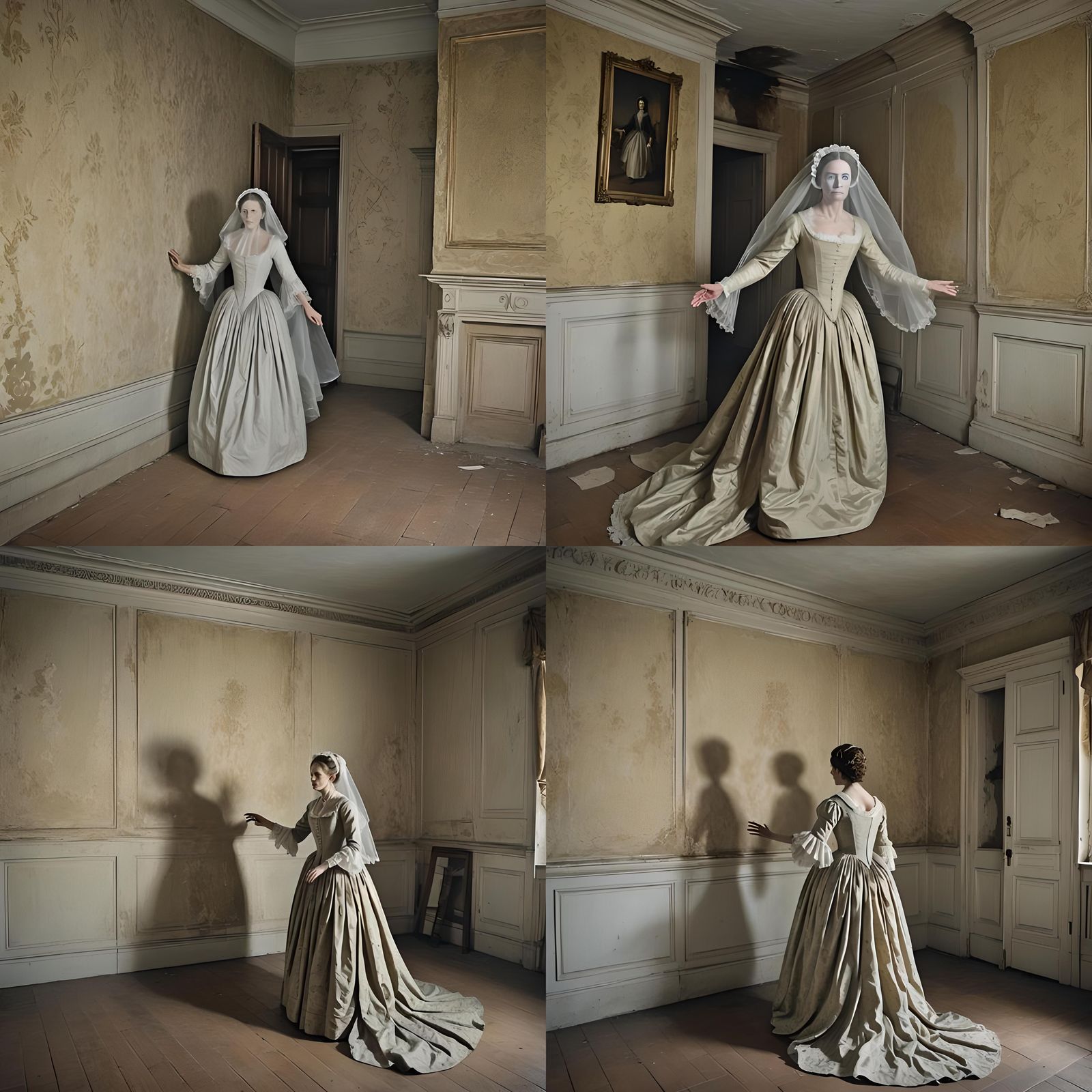 Create image in a 18th century bedroom of a large house. The atmosphere ...