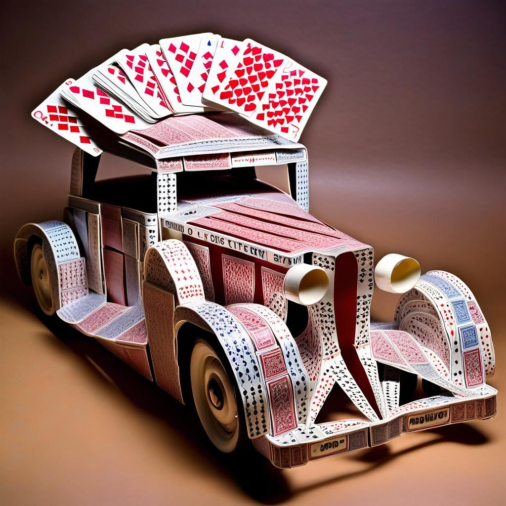 A car, made entirely out of playing cards.