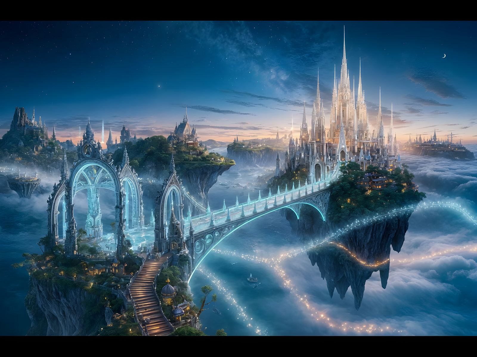 Dreamy Celestial Bridge Connects Two Ethereal Islands