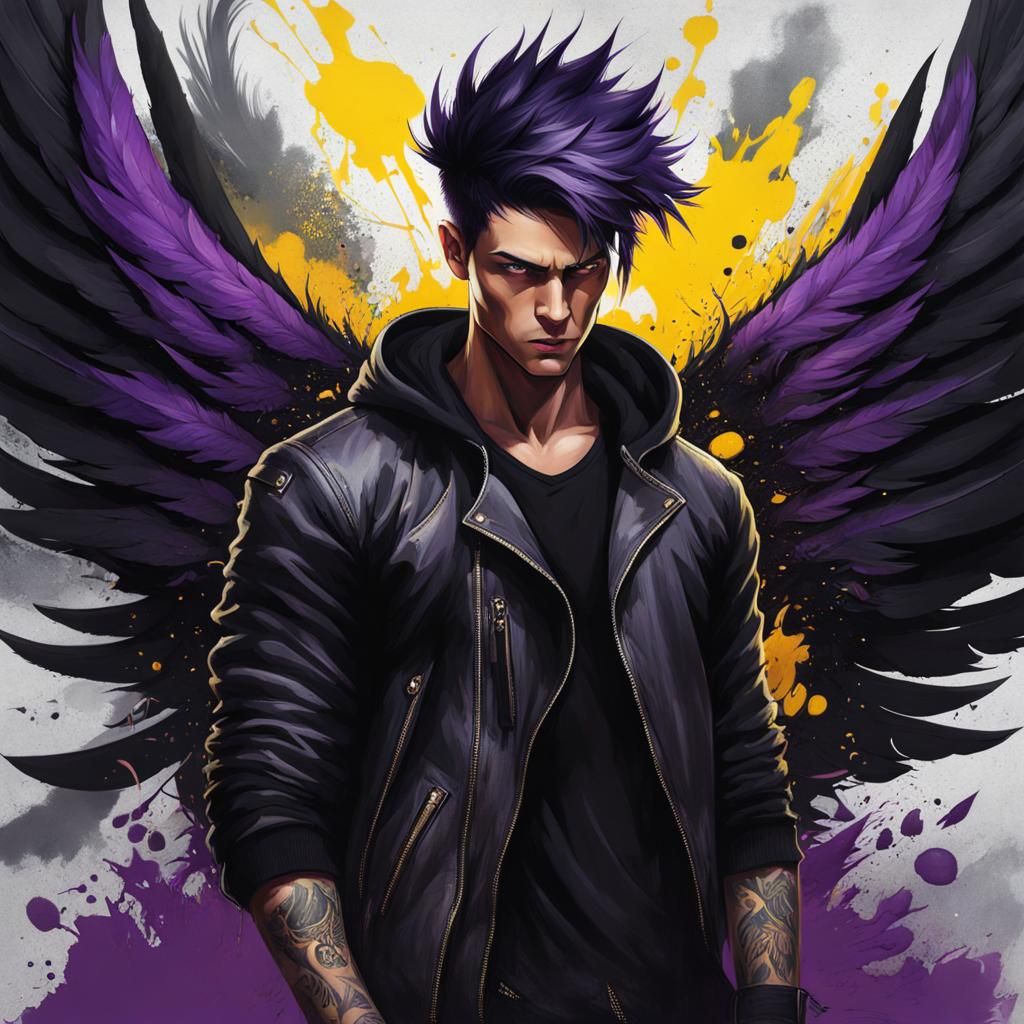 Handsome young man, short messy black purple hair, dark tattoos, yellow