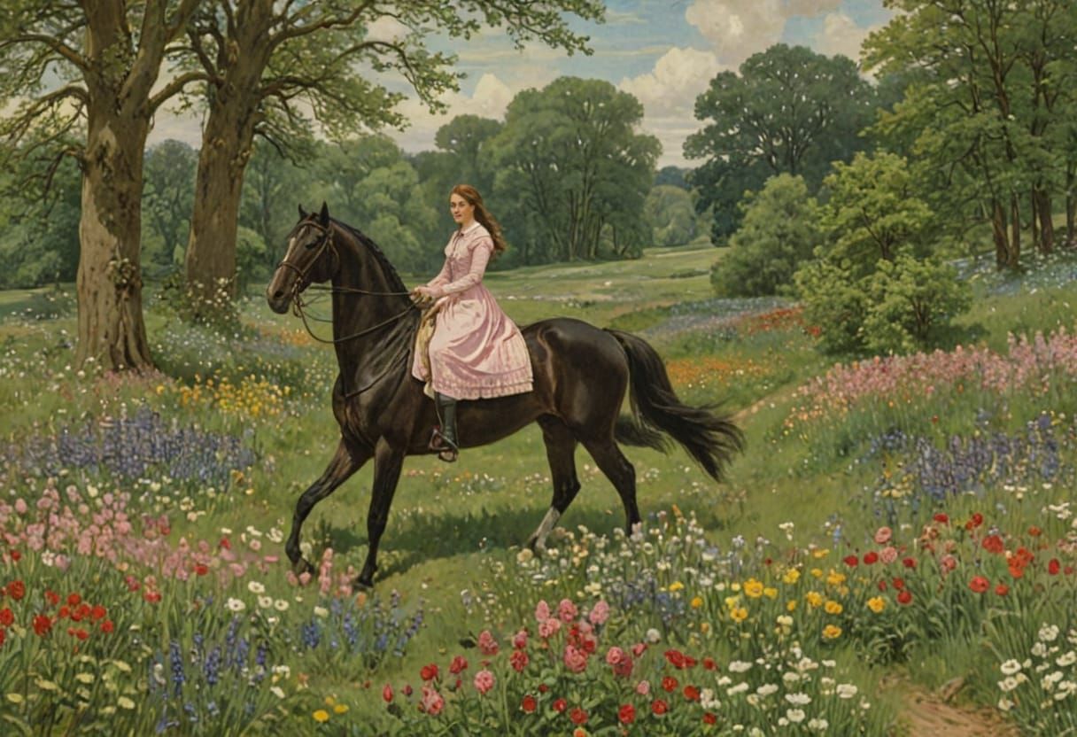 A Woman Riding a Horse in a Lush Meadow Landscape