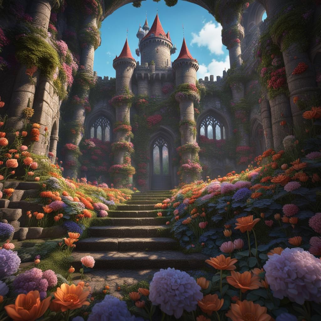inside a castle fill with flower