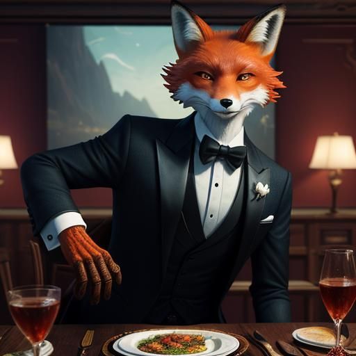 An anthropomorphic fox wearing a tuxedo at a dinner party. - AI ...