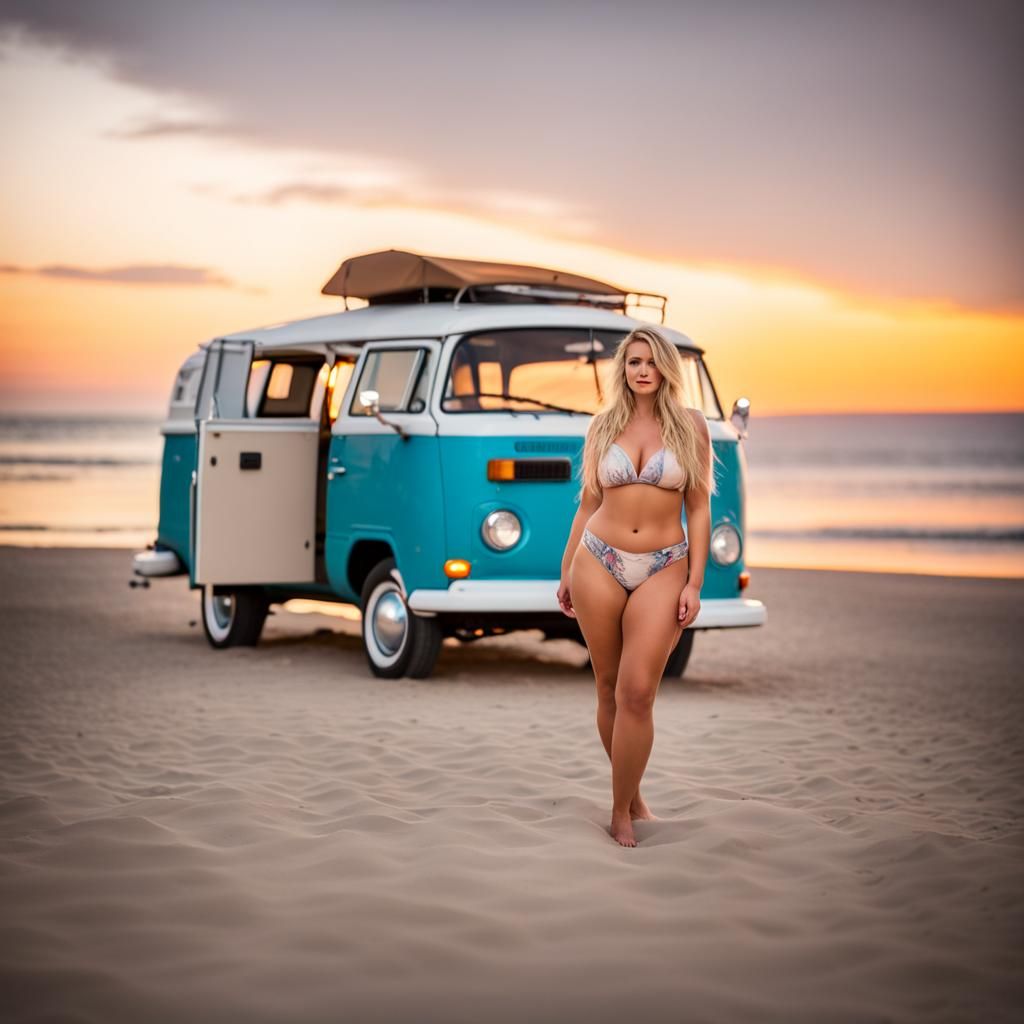 Curvy blonde in bikini camping in VW Bus at beach sunset