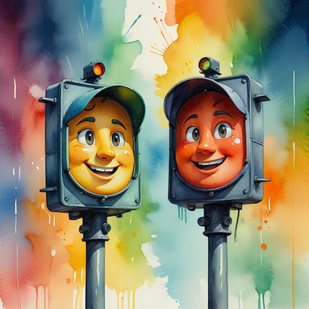 Smiling Traffic Lights in Watercolor Illustration