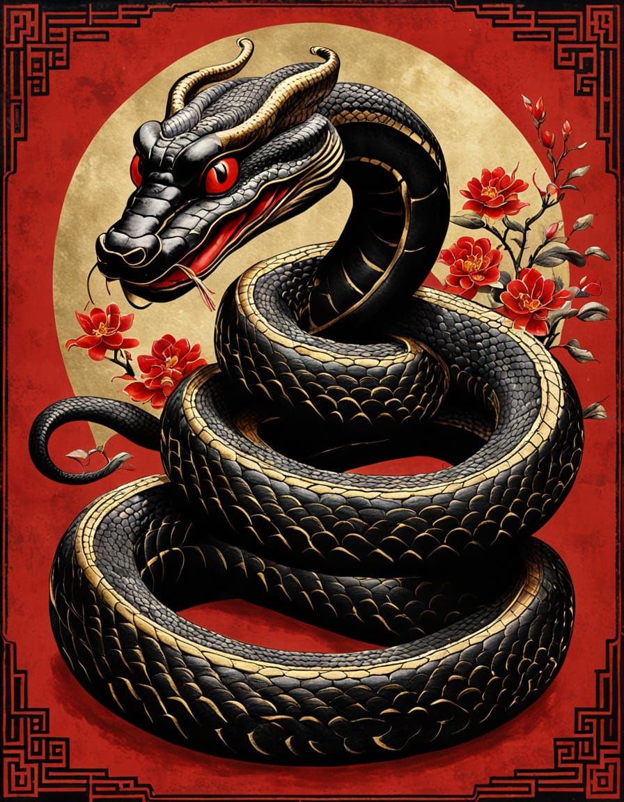 Chinese Year of the Snake vintage art. Red, gold, black  by @Gramma_to_2