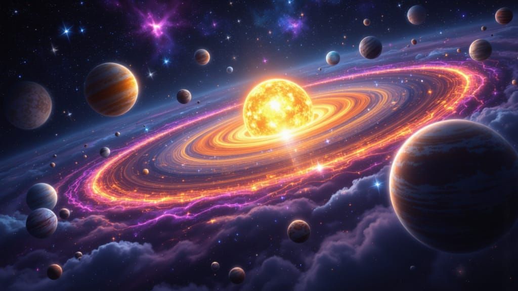 The music of the spheres, visualized as glowing planets and stars connected by waves of vibrant, colorful sound energy. <lora:ArcaneGlow:1.0...