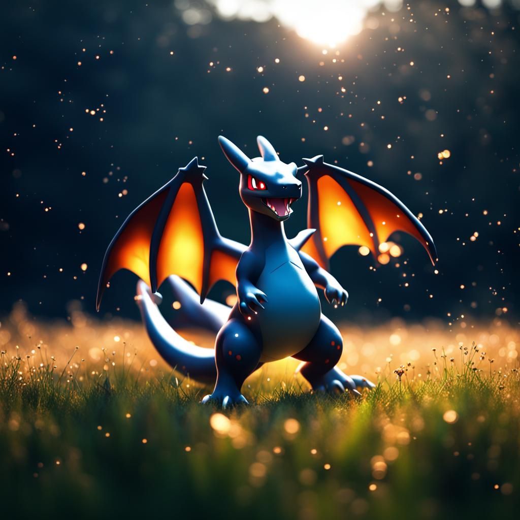 Photography Pokémon Shiny Dark Grey Charizard in the meadow, particles ...