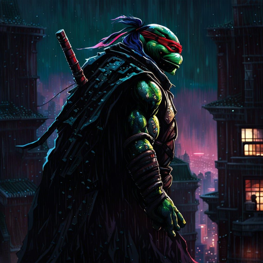 Raphael from teenage mutant ninja turtles stands on a dark r...