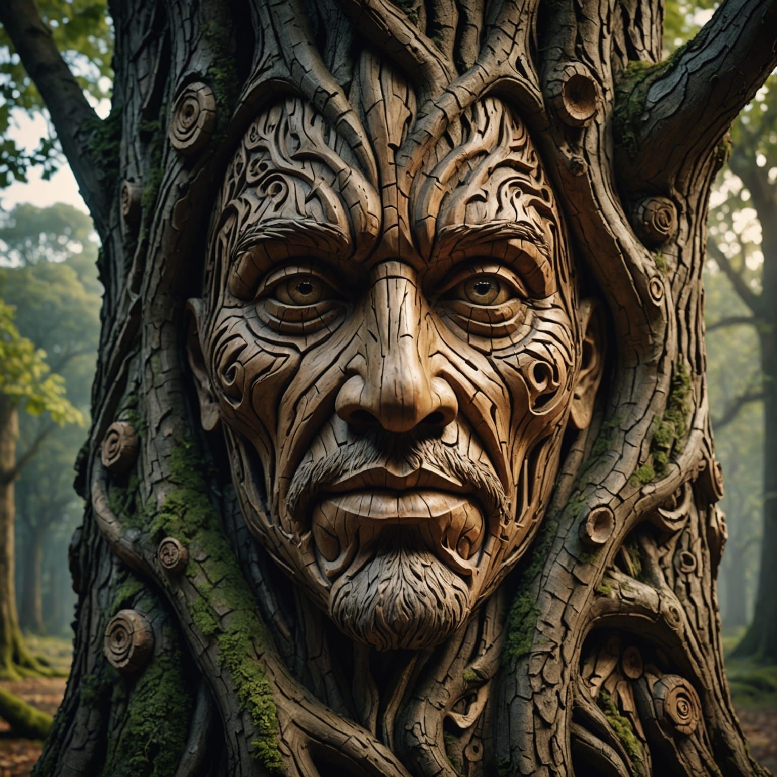 Wood carving face into a tree  by @undefined