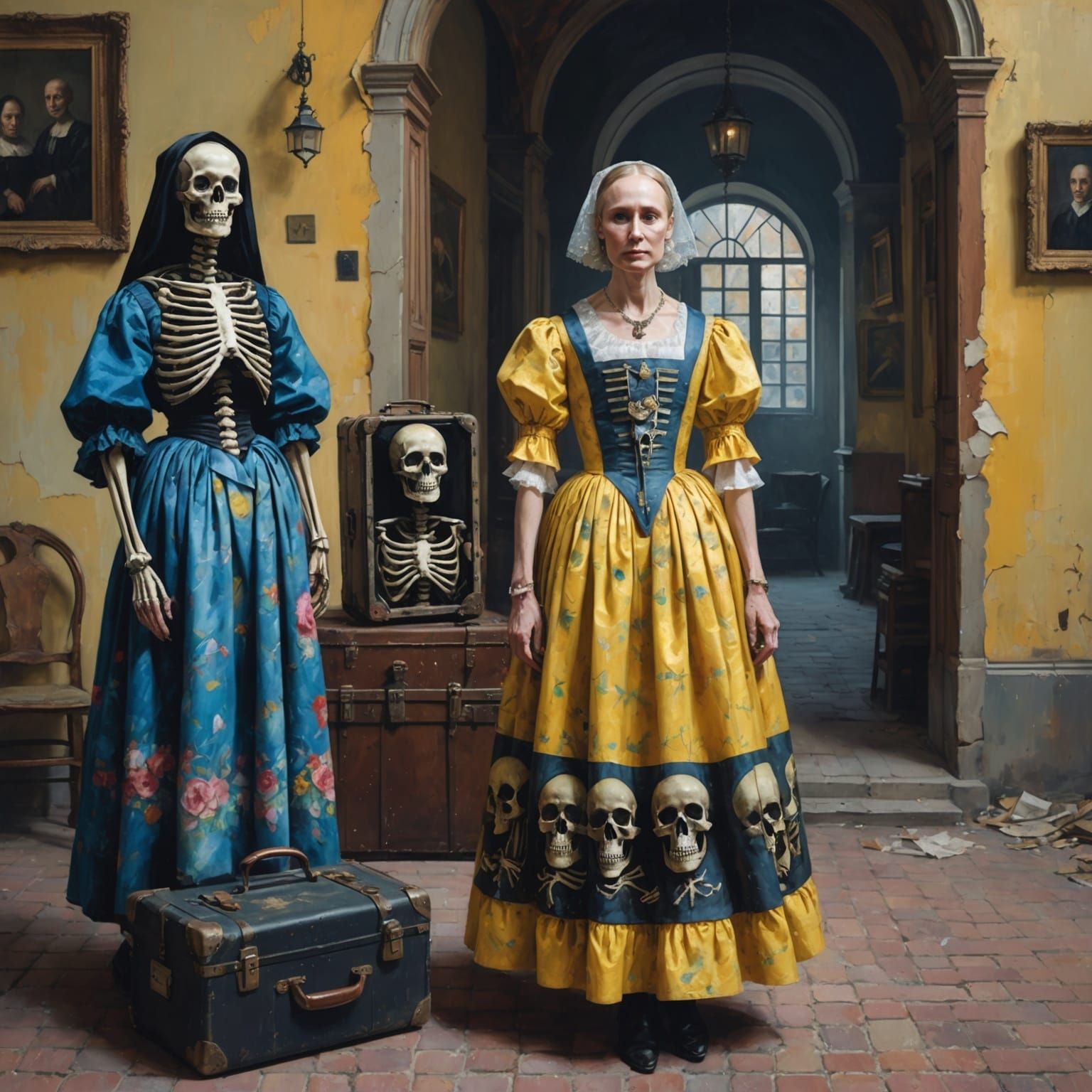 Putin accompanied by skeletons in torn dresses and in kokoshniks carrying metal suitcases, (Vermeer style, high quality, thermal camera, pas...